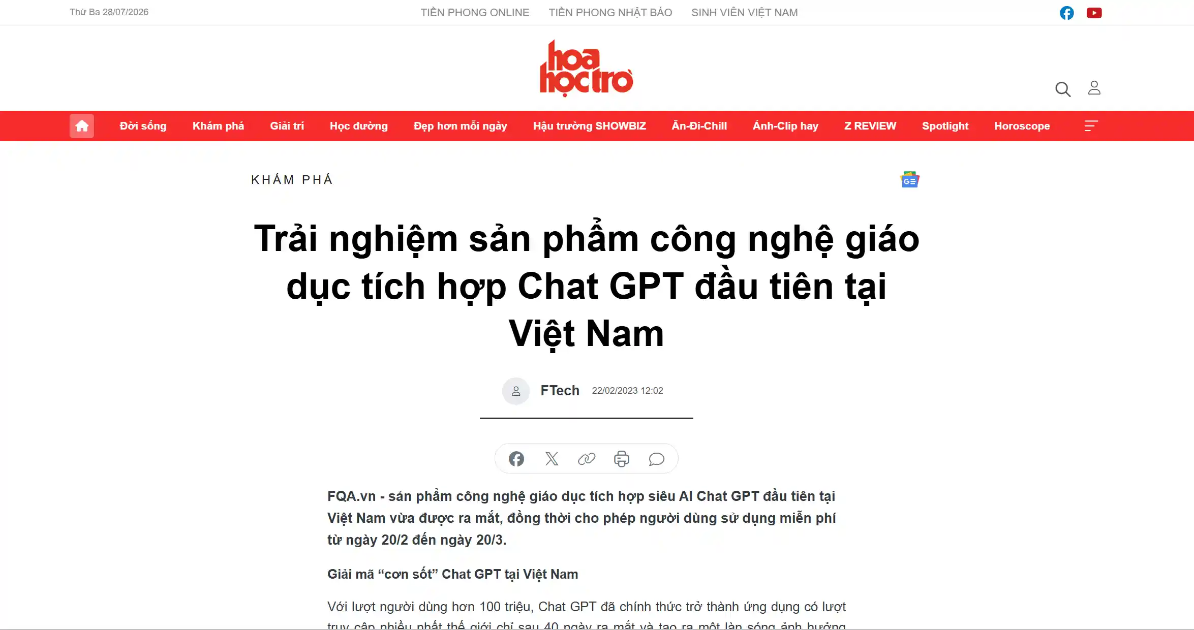 Bài viết Trải nghiệm sản phẩm công nghệ giáo dục tích hợp Chat GPT đầu tiên tại Việt Nam của FTech trên báo Hoa Học Trò