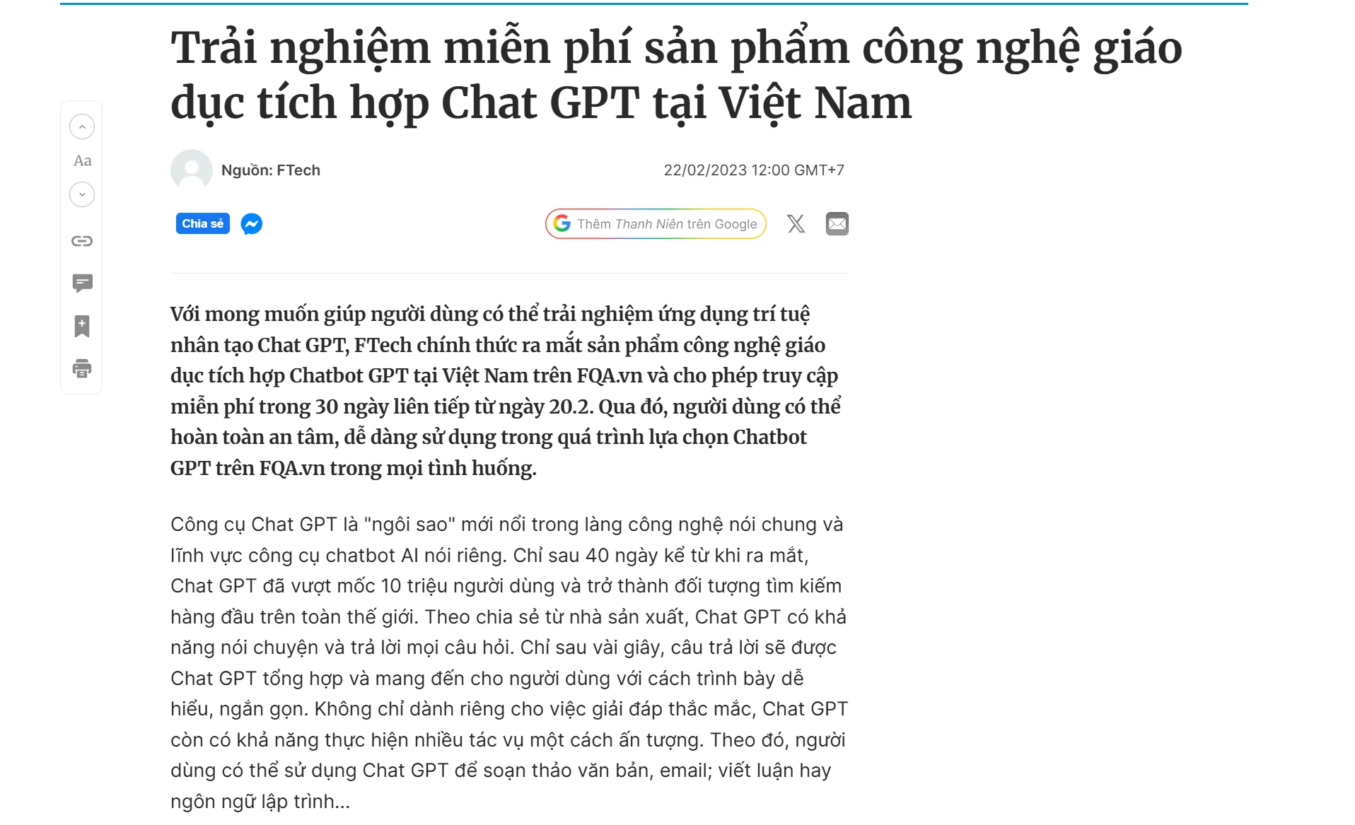 FTech x Báo Thanh Niên: Truyền thông giải pháp AI FQA.vn