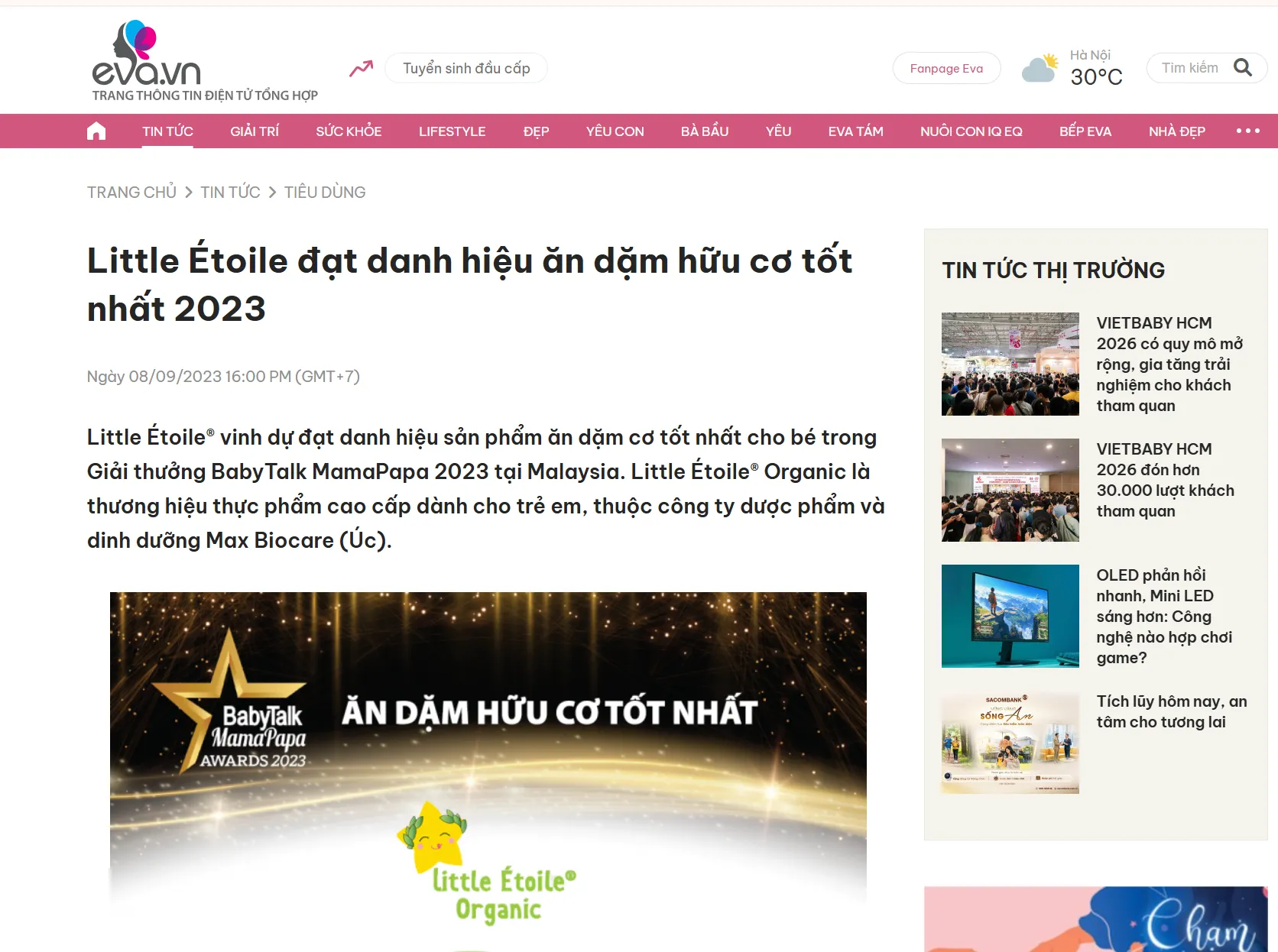 Bài viết Little Étoile đạt danh hiệu ăn dặm hữu cơ tốt nhất 2023 trên báo Eva