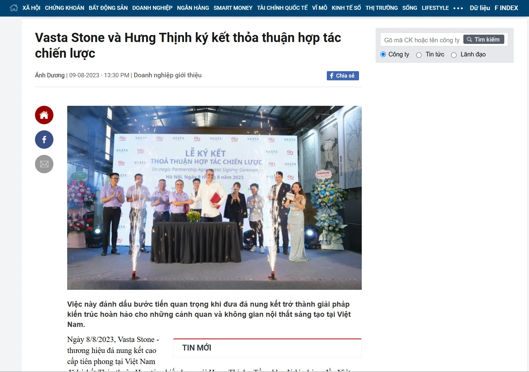 Bài viết Vasta Stone ký kết hợp tác chiến lược với Hưng Thịnh trên báo CafeF